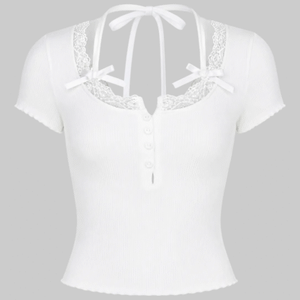 Women's Lace Trim Ribbed Knit Tie-Back Crop Top