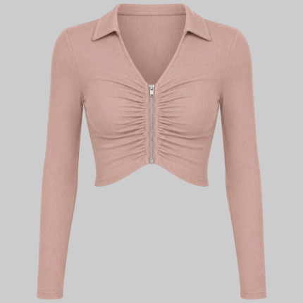 Women's Ruched Zip Front Ribbed Crop Top