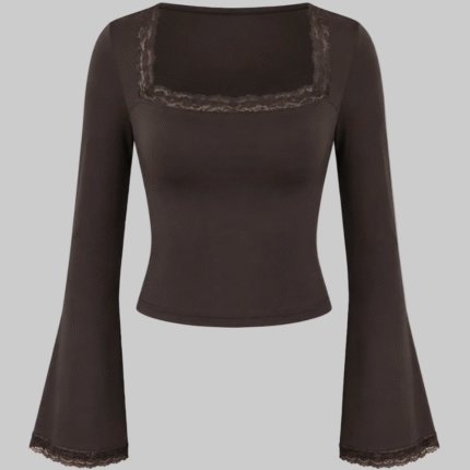 Women's Lace Trim Square Neck Bell Sleeve Crop Top