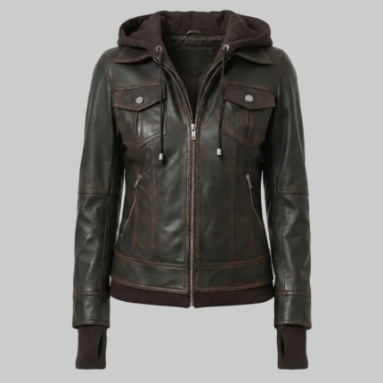 WomenÃ¢â‚¬â„¢s Dark Brown Hooded Leather Bomber Jacket (Tralee Distressed Style).
