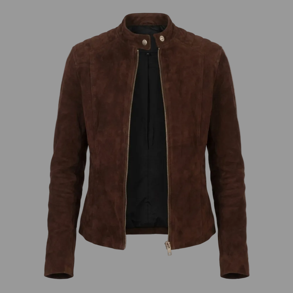 Women’s Chocolate Suede Café Racer Jacket (Quilted Shoulder Moto).