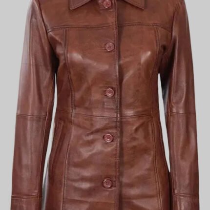 Women's Classic Brown Leather Car Coat