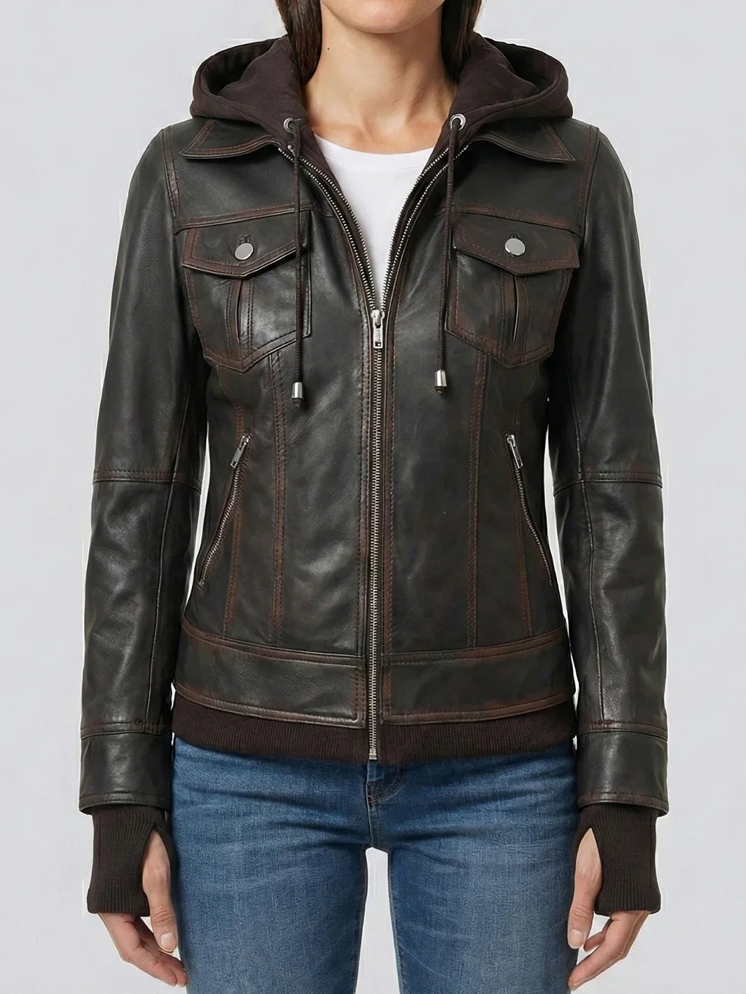 WomenÃ¢â‚¬â„¢s Dark Brown Hooded Leather Bomber Jacket (Tralee Distressed Style). - Image 3