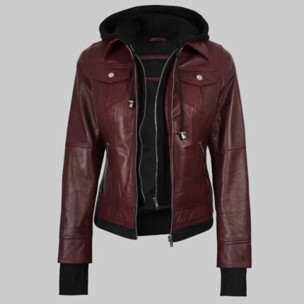 WomenÃ¢â‚¬â„¢s Maroon Hooded Bomber Leather Jacket