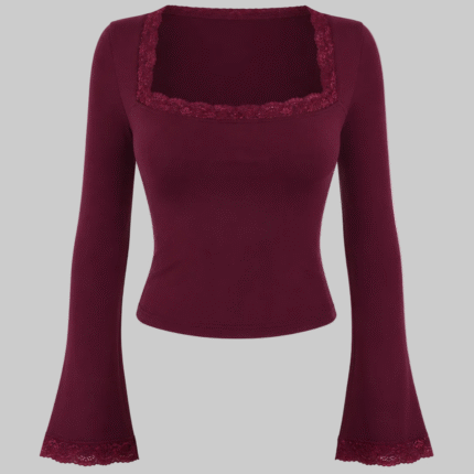 Burgundy Lace Trim Square Neck Flare Sleeve Top