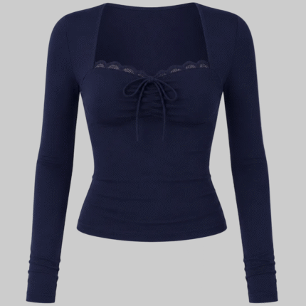 Navy Blue Lace Trim Ruched Tie Front Long Sleeve Top